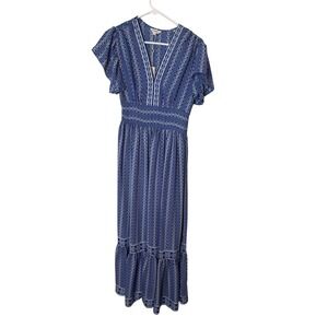 Max Studio Dress Womens XS Blue Print Flutter Sleeve V Neck Maxi‎ Boho Summer